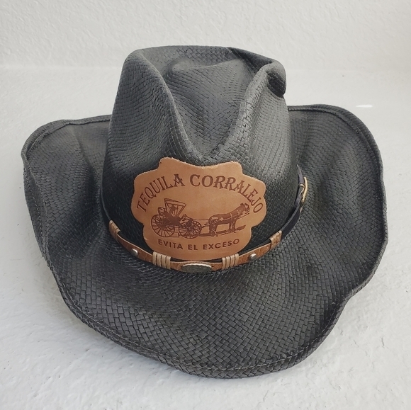 Rocha Hats Unitalla Western Cowboy Black Straw Hat Leather Tequila Patch - Picture 2 of 15